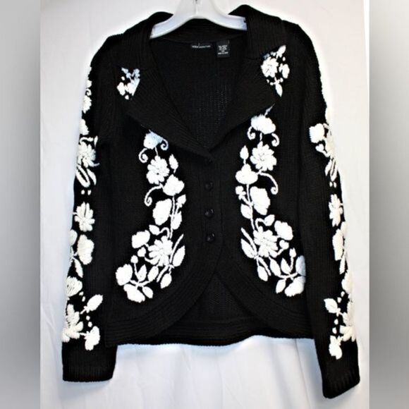 Moda International Black & White‎ Embroidery Cardigan Sweater Size XS - Picture 1 of 5